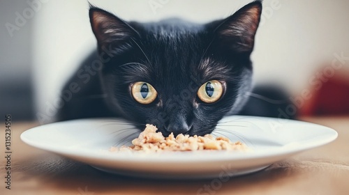 Black cat eating food on table photo