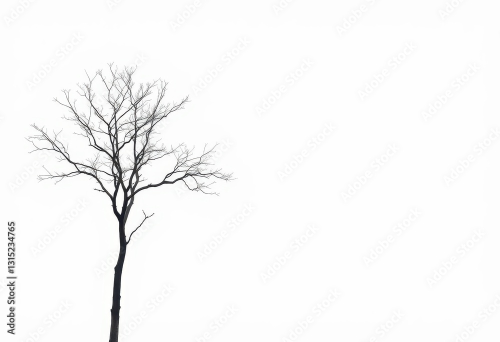 Obraz premium A lone deciduous tree stands against a pure white backdrop, branches reaching skyward, spring, plant