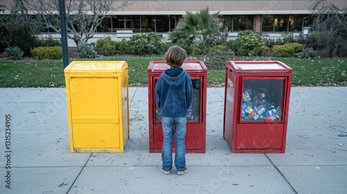 Young caucasian kid observing three brightly colored recycling bins on street. concept of environmental awareness, urban cleanliness, childhood curiosity