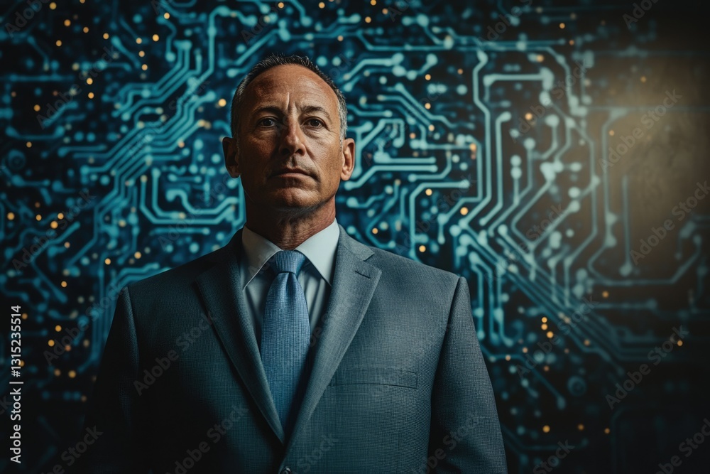 A serious businessman stands before a circuit board background, symbolizing technology and leadership in the digital age. A serious businessman stands before a circuit board background, symbolizing technology and leadership in the digital age.