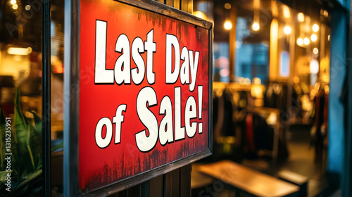 Vivid last day of sale sign on boutique doorway creates exciting shopping atmosphere. concept of discounts, retail marketing, consumer attraction, exclusive offers