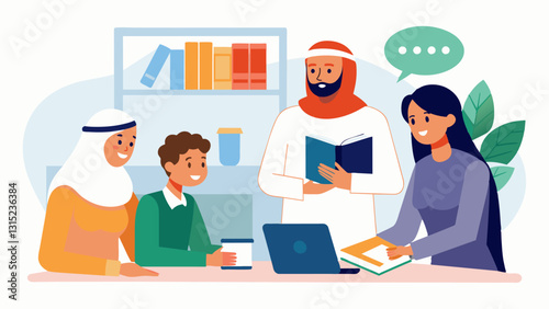 At the local library a program is held where community members can sign up to be language partners and teach each other conversational Arabic and Hindi.. Vector illustration