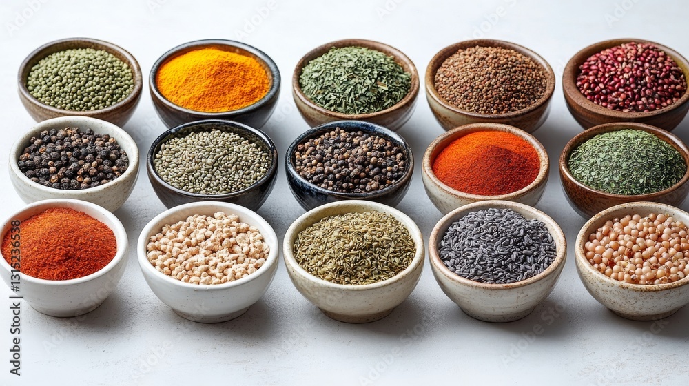 Colorful arrangement of various spices in bowls showcasing a variety of textures and flavors in a culinary setting Colorful arrangement of various spices in bowls showcasing a variety of textures and flavors in a culinary setting
