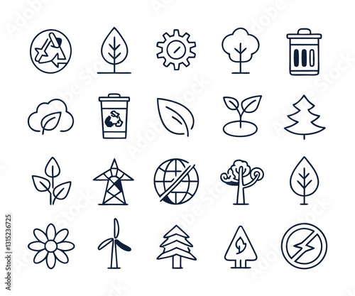 Set of 20 outline icons related to environment. Linear icon collection. Editable stroke.