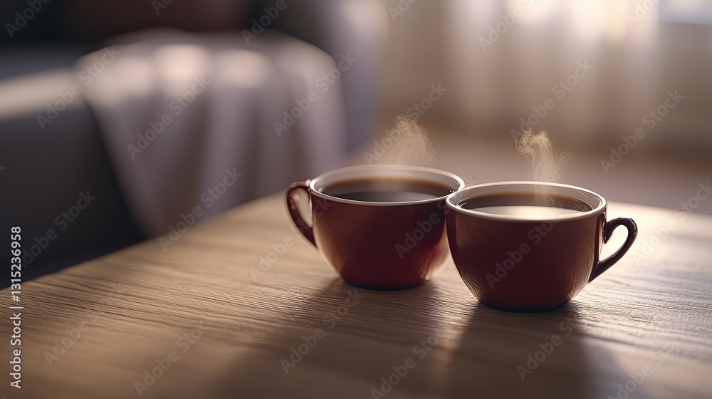 Fototapeta premium Two Steaming Coffee or Tea Cups in a Cozy Home