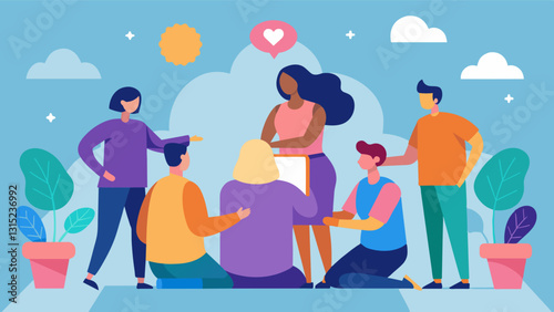 A sense of belonging and connection felt a the residents as they come together to support each others mental health through the healing power of art.. Vector illustration
