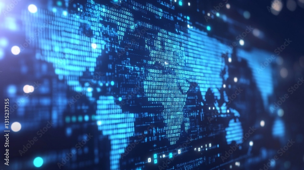 Digital world map displayed with binary code illustrating global connectivity and technology advancement Digital world map displayed with binary code illustrating global connectivity and technology advancement