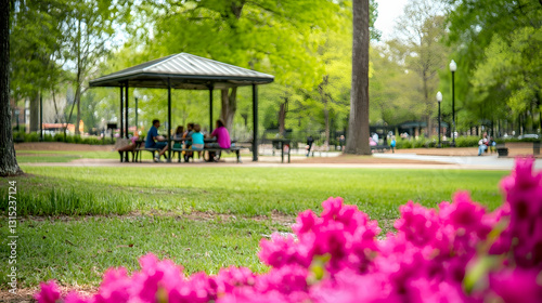 Family picnic in spring park; children eating lunch under pavilion; green grass, azaleas. Ideal for family, nature, springtime themes