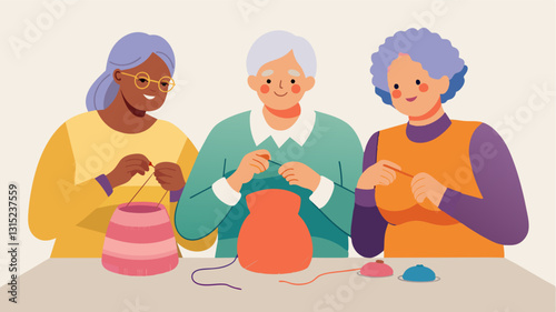 In a retirement home a group of seniors knit together reminiscing on their youth as they create intricate shawls and afghans to donate to a local nursing home.. Vector illustration
