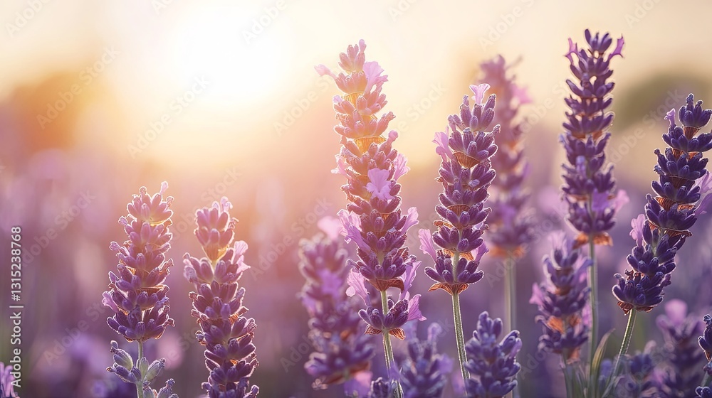 Obraz premium Lavender fields bloom under a golden sunset in a serene landscape