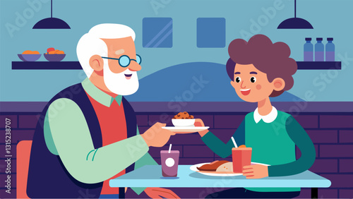 An elderly tutor and their student sharing a meal at a local restaurant using the opportunity to practice ordering and conversing in a foreign language.. Vector illustration