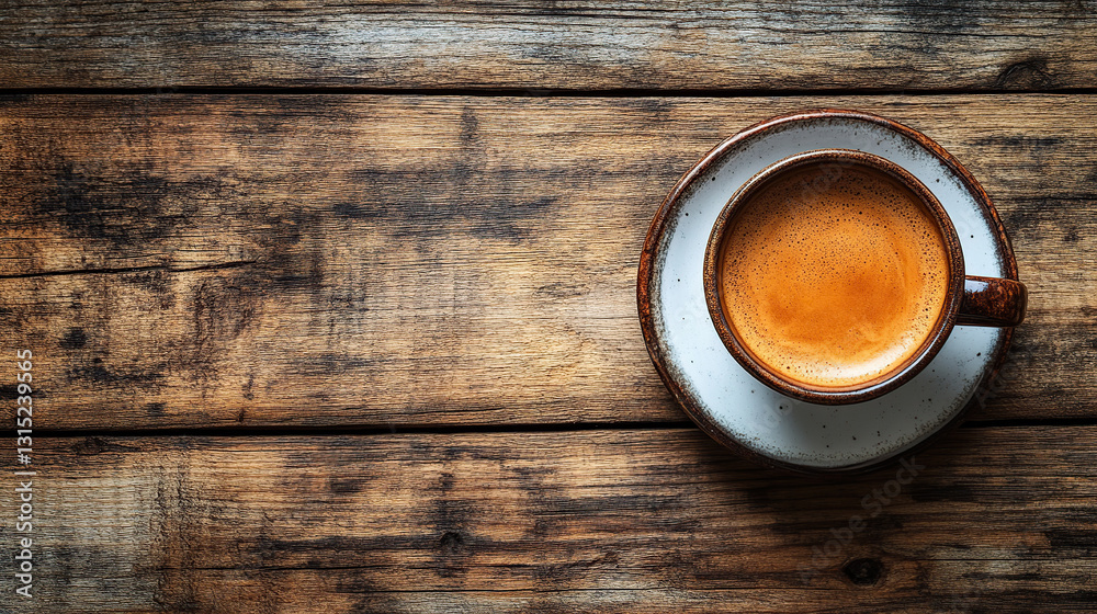 Espresso in a rustic cup on a wooden table Espresso in a rustic cup on a wooden table