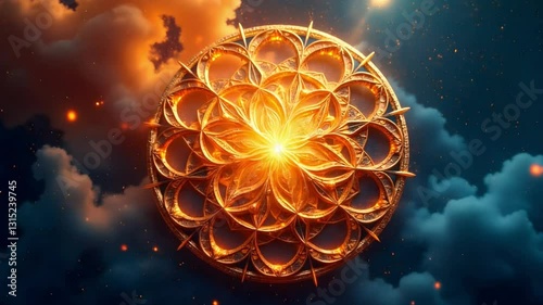 Golden Mandala in the Sky: A radiant golden mandala floats majestically amidst a dreamy, cloud-filled sky, radiating light and spiritual energy.