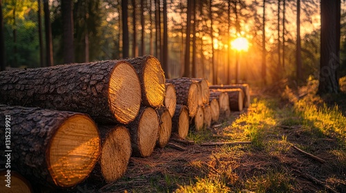 Sunlight filters through trees illuminating freshly cut logs in a peaceful forest during golden hour