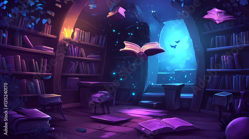 A mysterious classroom with dark wooden furniture and floating, enchanted books. Enchanted - Castle. Illustration