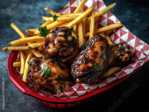 Flavorful photo realistic plate of chicken with crispy fries perfect for a satisfying and enjoyable meal experience