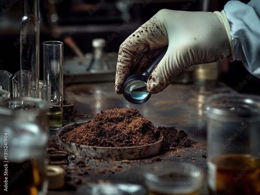 Lab technician examines soil sample under magnifying glass Lab technician examines soil sample under magnifying glass