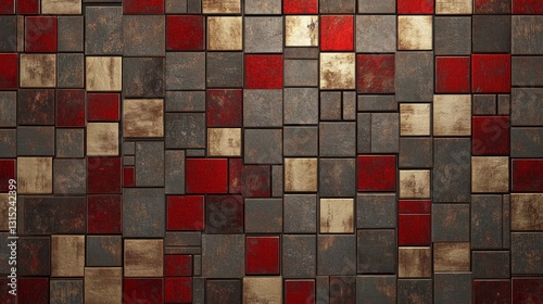 Abstract geometric pattern with red and gold metallic squares