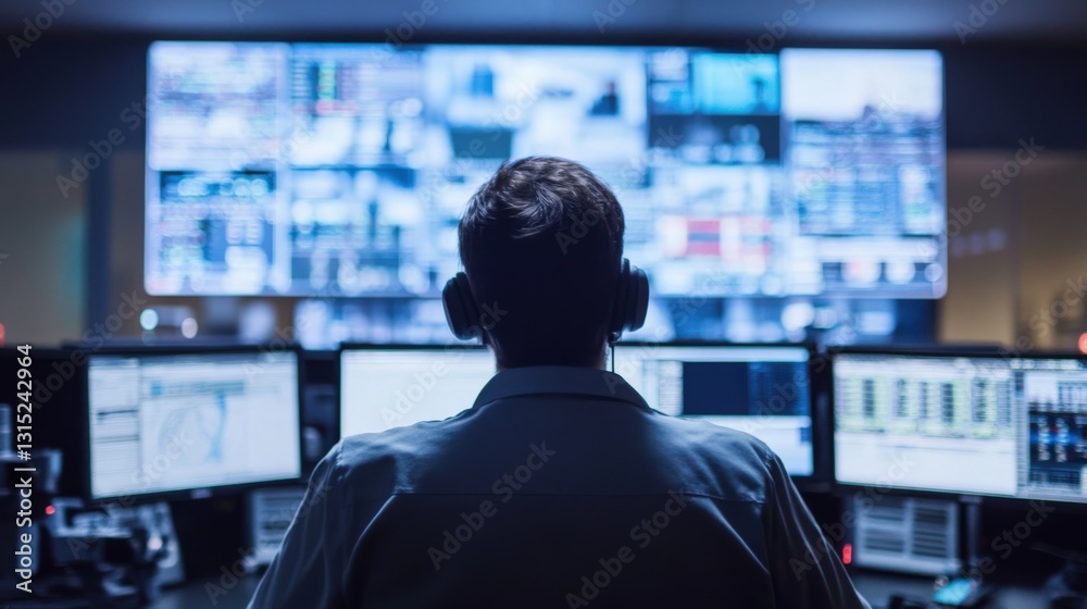 Security operator monitoring multiple screens in a control room.