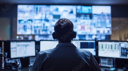 Obraz na płótnie Security operator monitoring multiple screens in a control room. w salonie