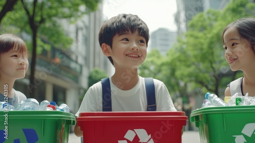 Children sorting recycling bins city street photo