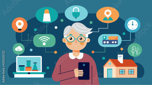 A smart home system that allows for voiceactivated controls of lights appliances and temperature making daily tasks easier for seniors.. Vector illustration