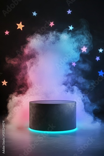 Stage with cylindrical podium, smoke and neon stars photo