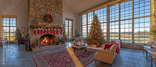 Christmas Living Room with Large Windows photo