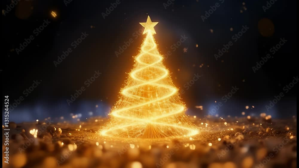golden Christmas tree with sparks dark background