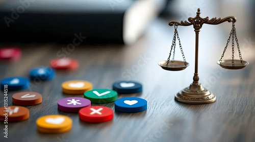 Justice scales beside colorful social media icons on wooden table.