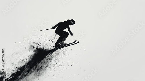 A skier performing a jump in the air, with snow flying and great technique, on a white isolated background