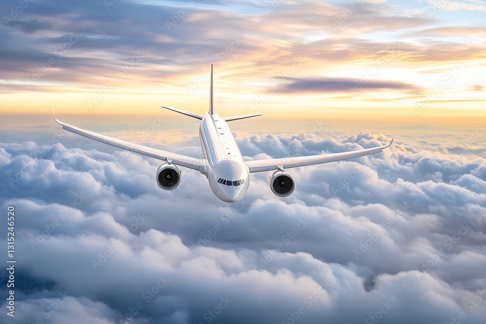 Fototapeta premium Airplane above the clouds: an airplane flies above thick clouds against a sunset background