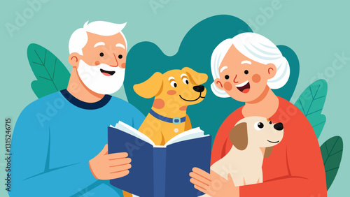 An elderly couple takes turns reading to their pet therapy dog both telling animalthemed stories and laughing together at the e illustrations.. Vector illustration