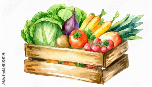 Sketch hand-drawn illustration wooden box with vegetables cabbage eggplant carrots tomatoes radishes potatoes