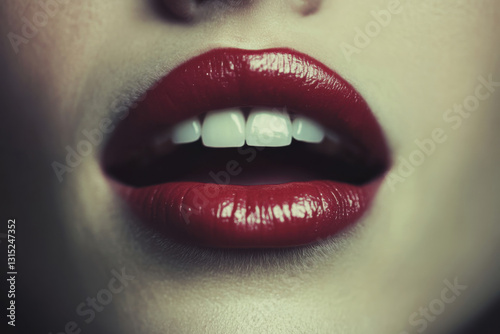 Close-up on woman's lips painted with provocative red lipstick, close-up of sensual lips.