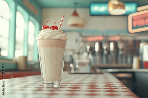 Creamy milkshake topped with cherries in a retro diner filled with vibrant colors and nostalgic decor
