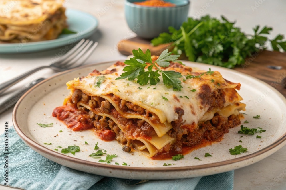 Classic Italian Lasagna with Melted Cheese and Fresh Parsley, Savory Baked Dish Classic Italian Lasagna with Melted Cheese and Fresh Parsley, Savory Baked Dish