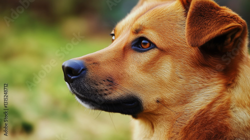 Close-Up Portrait of a Brown Dog with Focused Look in Natural Setting – Horizontal Format