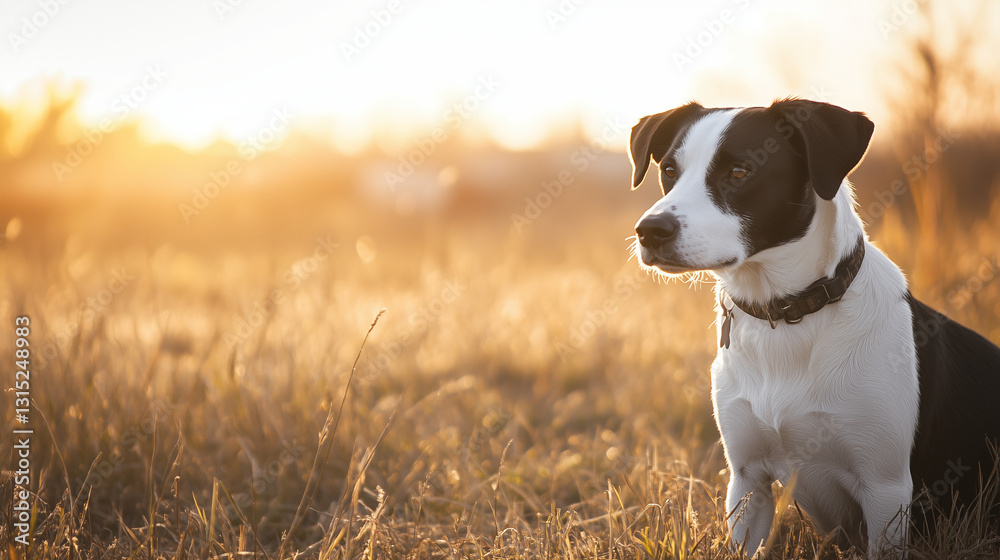 Black and White Dog Sitting in Sunlit Field at Golden Hour – Horizontal Format Black and White Dog Sitting in Sunlit Field at Golden Hour – Horizontal Format