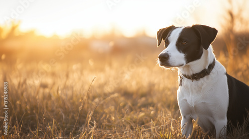 Black and White Dog Sitting in Sunlit Field at Golden Hour – Horizontal Format