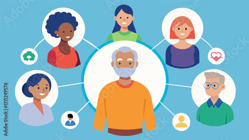 A supportive and empowering network for older adults to stay actively engaged and involved in creating positive change.. Vector illustration