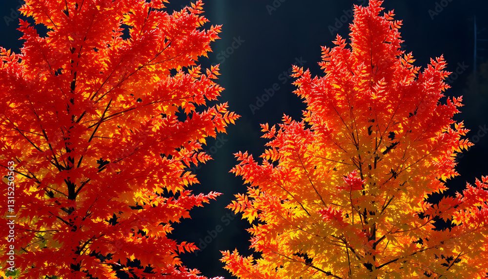 Colorful autumn red, yellow and green leaves on fall trees in countryside. Warm sunlight illuminating their vivid colors against a dark forest background, close-up. with white shades Colorful autumn red, yellow and green leaves on fall trees in countryside. Warm sunlight illuminating their vivid colors against a dark forest background, close-up. with white shades