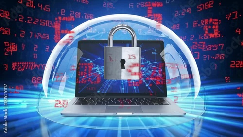 Laptop Protected by Transparent Digital Shield and Padlock Cybersecurity Defense Concept 4K Video