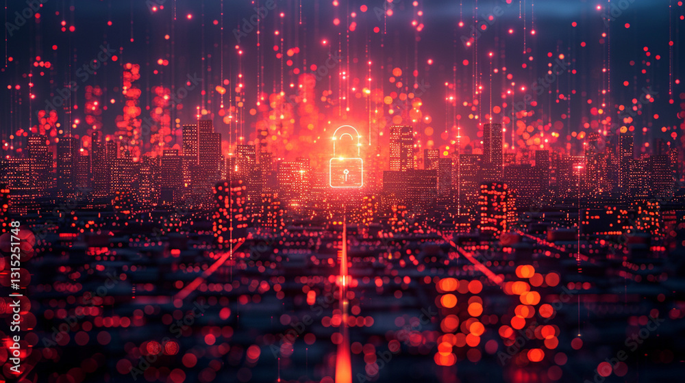 Fototapeta premium Cybersecurity cityscape with glowing padlock. Digital city illuminated by red light. Abstract technology concept. .