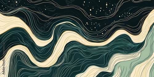 Whimsical flowing forms in teal, cream and celestial dark backdrop