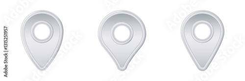 Three identical silver location pins featuring a shiny metallic finish and circular cutout in center.