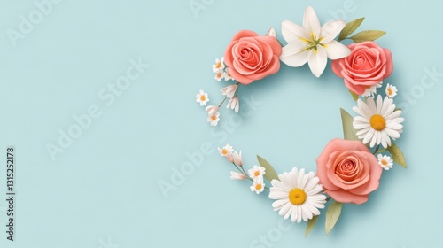 Wallpaper Mural A stylish spring greeting card featuring a floral wreath with roses, daisies, and lilies, elegant and artistic Torontodigital.ca