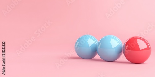Three glossy spheres, two light blue and one red, on pink background.