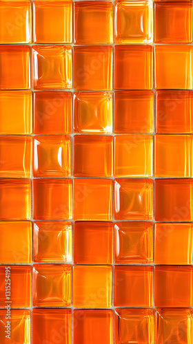 Colorful orange glass tiles create a vibrant and modern wall design in a well-lit space