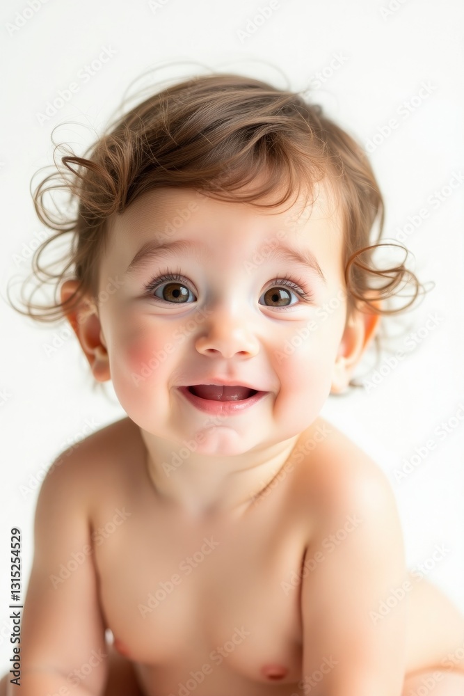 Smiling Baby Portrait with Brown Eyes and Curly Hair on White Smiling Baby Portrait with Brown Eyes and Curly Hair on White